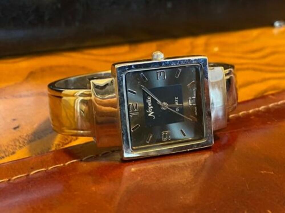 Women's Silver Tone Novelle Watch, Bangle Bracelet, Black and Gray Face